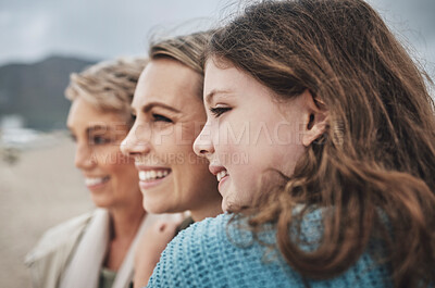 Buy stock photo Face, girl, mother and grandma at a beach, relax, travel and family vacation in Florida with multigenerational women. Happy family, smile and holiday with ladies embracing and enjoy Mexico ocean view