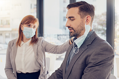 Buy stock photo Sad, support and business people with covid, mask and comfort for stress, burnout or anxiety in office. Corporate man with depression, mistake and fail with help, assistance and advice from manager