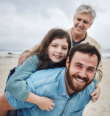 Buy stock photo Men, family generations and piggyback child at beach, fun and happy together, bonding outdoor and travel in nature. Smile in portrait, father and grandfather with kid, spending quality time and love.