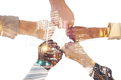 Buy stock photo Teamwork, innovation and hands in a circle together with city landscape. Business, future and team motivation for startup company with double exposure of urban town for diversity, network and support