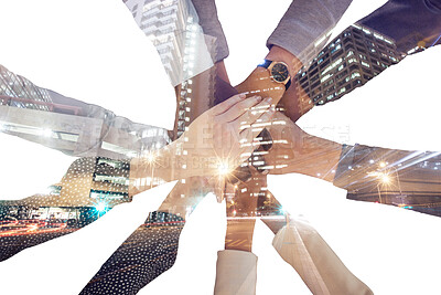 Buy stock photo Corporate hands, business and support in double exposure of the city against white background. Hand of employee group in teamwork success for unity, trust and agreement for company goals with overlay