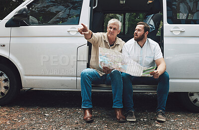 Buy stock photo Road trip, map or lost men pointing in travel car, van or moving camper on Australian forest woods street. Traveling, mature father or man thinking of location gps ideas or confused by tourist paper
