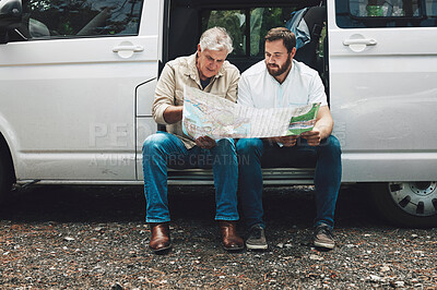 Buy stock photo Senior man, father and son with map on travel adventure looking for destination direction in van talking and traveling together. Family, friends and tourist men together with transport on road trip
