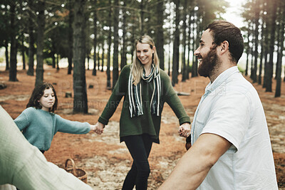 Buy stock photo Family circle, forest and nature game with children, parents or community for wellness and natural adventure. Healthy people holding hands with kid together in woods for outdoor, countryside holiday
