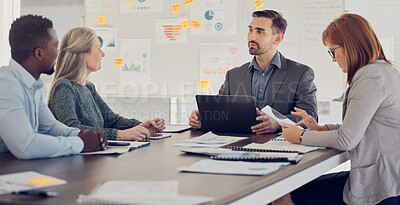 Buy stock photo Diversity, business people and boardroom meeting with team and executive in marketing discussion at the office. Group of employee workers in planning, strategy and brainstorming for company startup