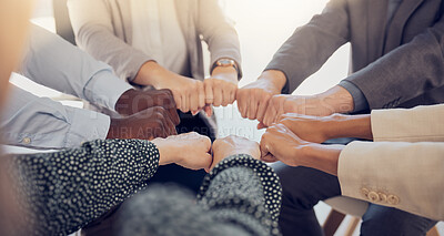 Buy stock photo Team building, diversity and circle teamwork, motivation and inspiration, mission goals and company about us. Closeup business people fist hands, support and trust, global community and collaboration