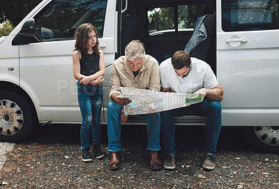 Buy stock photo Travel, car and family with map for direction, transportation support and planning course journey on Canada road trip. Kid girl, grandpa, dad on auto SUV van, vacation and lost driver search for way