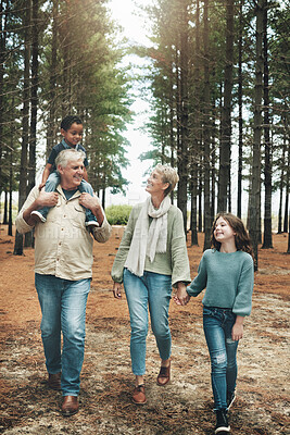 Buy stock photo Family, grandparents and children in forest adventure together for quality bonding time in nature. Happy grandpa, grandma and kids enjoying a fun walk, hike or stroll in the woods in the outdoors