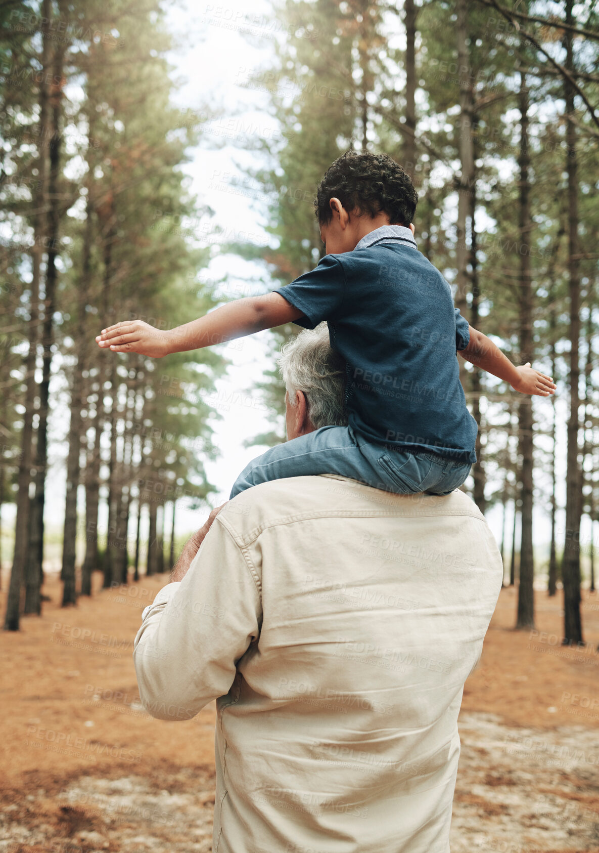 Buy stock photo Grandfather, child and shoulders for walk in forest, nature or woods together for bonding. Senior, man and kid with trees, sunshine and walking for playing, fun and happiness on vacation with family