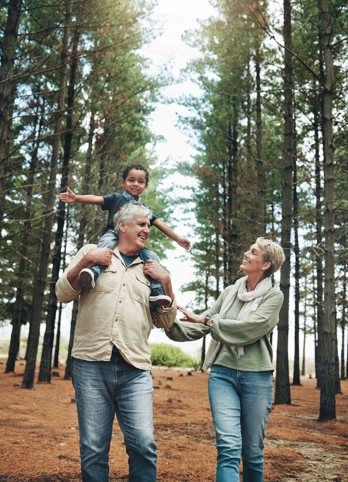 Buy stock photo Hike, nature and children with senior foster parents and their adopted son walking on a sand path through the tress. Family, hiking and kids with an elderly man, woman and boy taking a walk outside