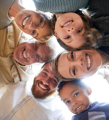 Buy stock photo Family, face and below huddle for support of grandparents, parents and children together with smile, happiness and love circle. Men, women and diversity kids hugging, smiling and happy about adoption