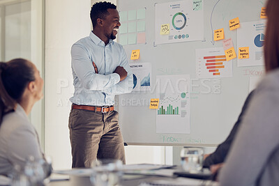 Buy stock photo Presentation, strategy and marketing with businessman in meeting for research, chart analytics or planning workshop. Review, collaboration or vision with employee consulting for goals, data or growth