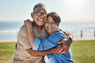 Buy stock photo Senior couple, hug and happy on vacation being romantic, smile or bonding to celebrate marriage, anniversary or beach. Elderly man, mature woman or embrace for relationship, relax or romantic travel 