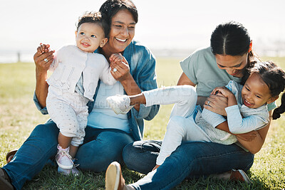 Buy stock photo Family, love and outdoor park with children, mother and grandmother on grass laughing, fun and bonding on summer adventure. Nature, energy and support of generation women on vacation with happy kids