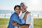 Love, hug and happy senior couple enjoy romantic quality time together, travel vacation or bond on outdoor grass field. Happiness, partnership and elderly man, woman or people smile on Mexico holiday