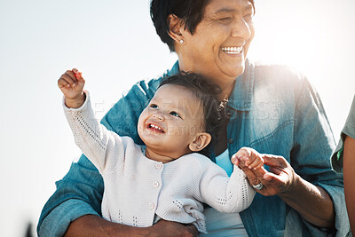 Buy stock photo Happy grandma, baby and relax in nature on vacation, trip or family holiday. Love, care and grandmother bonding with child, infant or toddler outdoors, outside in sunshine and enjoying time together.