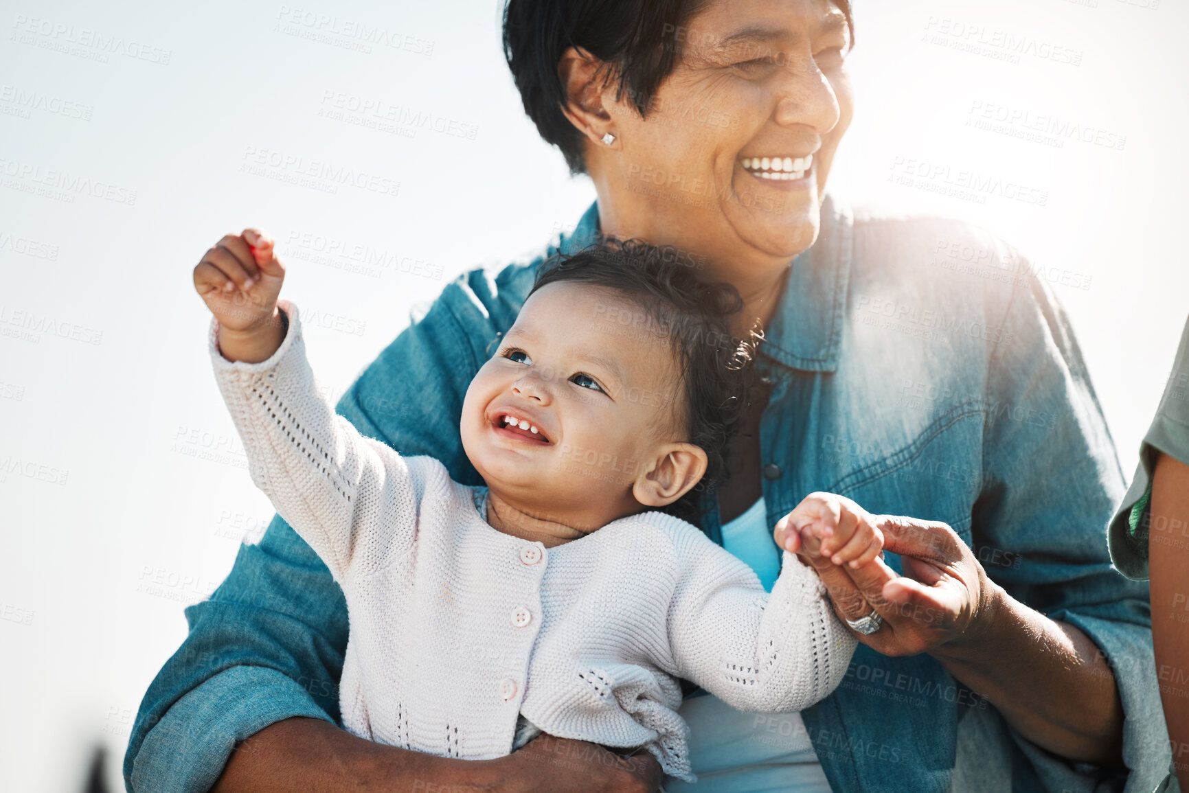 Buy stock photo Happy grandma, baby and relax in nature on vacation, trip or family holiday. Love, care and grandmother bonding with child, infant or toddler outdoors, outside in sunshine and enjoying time together.