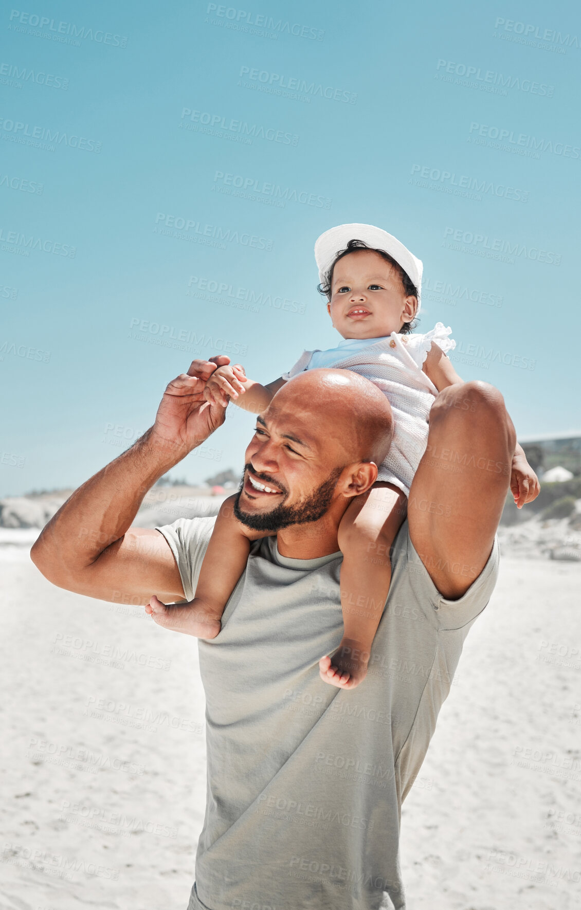 Buy stock photo Travel, family and baby and father at a beach in Florida, relax, bonding and having fun in summer on vacation. Love, girl and cheerful parent walking and enjoying fresh air at the ocean in Mexico