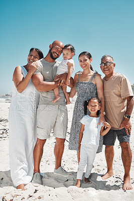 Buy stock photo Big family, portrait and smile on beach holiday, vacation or Mexico summer trip. Generations, parents and children on sandy, sea or ocean shore having fun, bonding and spending quality time together.