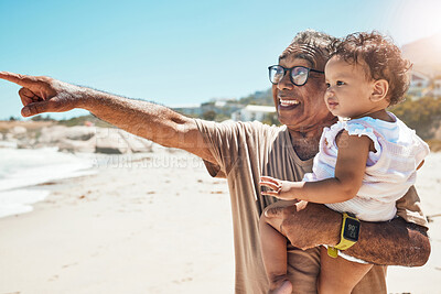 Buy stock photo Grandpa, baby or bonding on beach holiday in Mexico ocean or sea for summer family holiday. Fun, smile and happy senior man carrying girl, kid or child playing in nature environment on vacation
