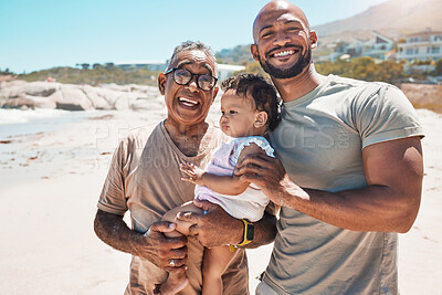 Buy stock photo Baby, beach and family with a father, grandfather and son on the sand during a summer vacation together. Children, travel and love with a man, boy and senior parent by the sea or ocean for holiday