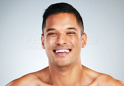 Buy stock photo Man face, skin and teeth, natural beauty and skincare, happy model in cosmetology advertising. Clean and fresh, glow and facial treatment, body wellness or dental mouth hygiene in studio background.