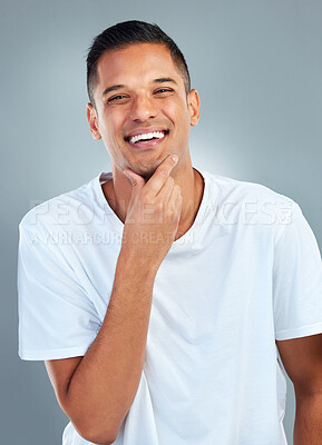 Buy stock photo Happy, man and portrait smile with teeth for dental care or healthy hygiene against a grey studio background. Toothy male smiling, thinking and satisfied in clean, fresh mouth or wellness in skincare