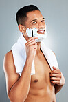 Man shaving face, razor and shower for hair removal, aesthetic skincare and facial cleaning on grey studio background. Portrait happy naked guy, shave foam and body cream cosmetics for wellness