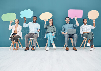 Buy stock photo Speech bubble, waiting room and people in business recruitment, social media chat icon, and networking cardboard sign. Corporate group of people with voice communication or hiring advertising mock up