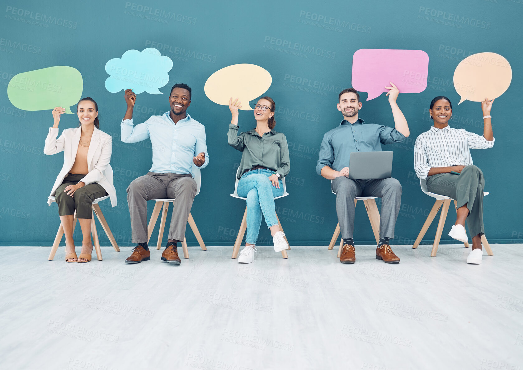 Buy stock photo Speech bubble, waiting room and people in business recruitment, social media chat icon, and networking cardboard sign. Corporate group of people with voice communication or hiring advertising mock up