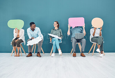 Buy stock photo People with speech bubble, social media mockup space and sitting on chairs for digital marketing interview with hr. We are hiring advertising team, employee recruitment feedback and group talking 