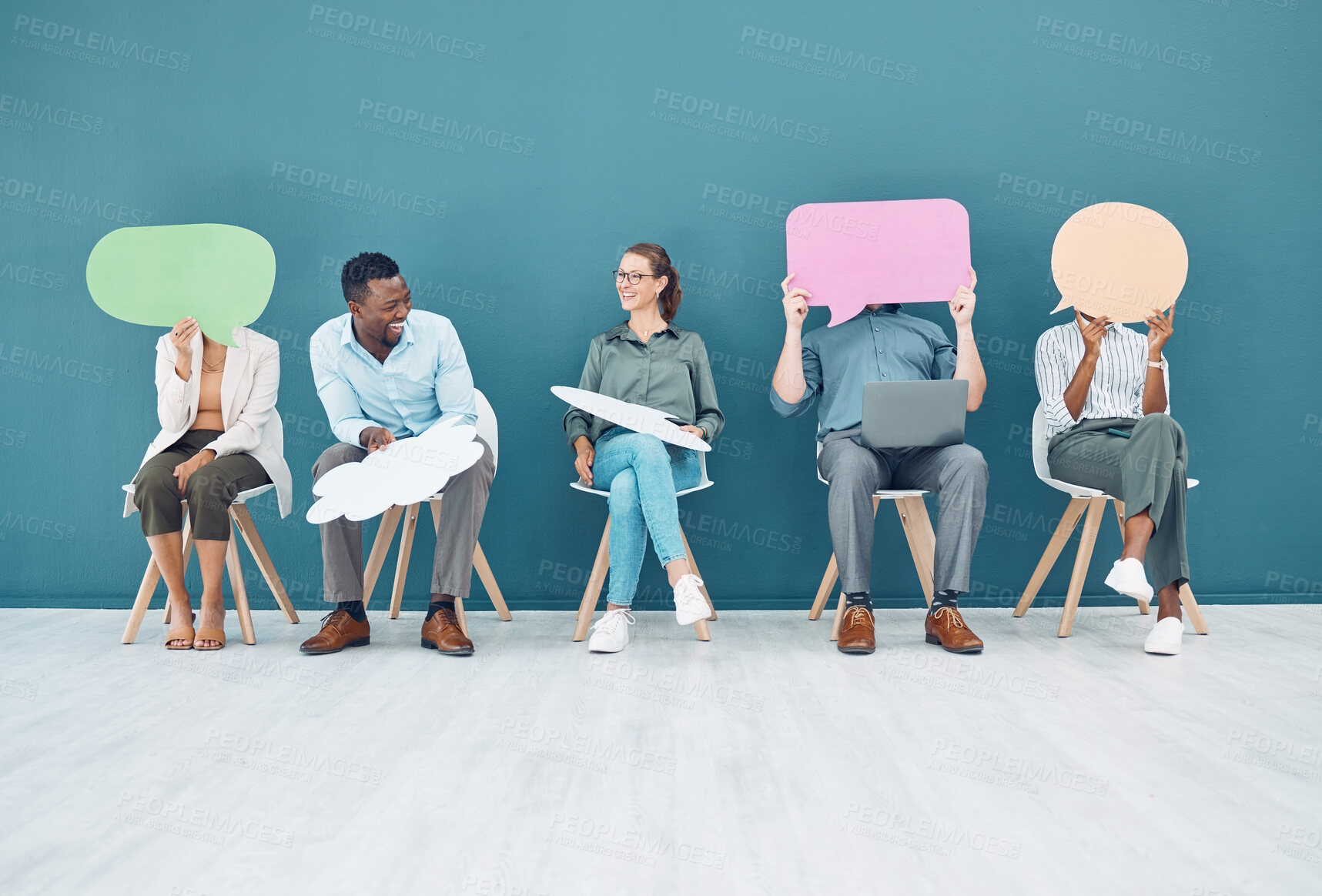 Buy stock photo People with speech bubble, social media mockup space and sitting on chairs for digital marketing interview with hr. We are hiring advertising team, employee recruitment feedback and group talking 