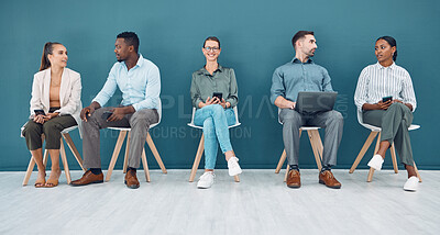 Buy stock photo Technology, waiting room and business people with internet networking for job opportunity, online career application or website information. Diversity group on laptop or phone for recruitment hiring
