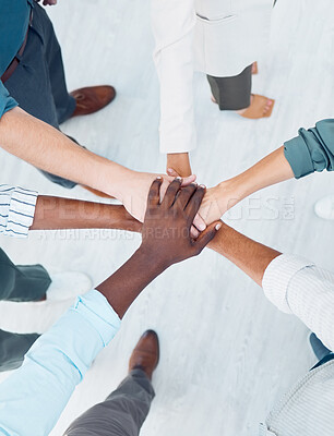 Buy stock photo Diversity, partnership collaboration and hands of business people stack in community support, trust and solidarity. Mission teamwork, team building meeting and businessman and women together top view