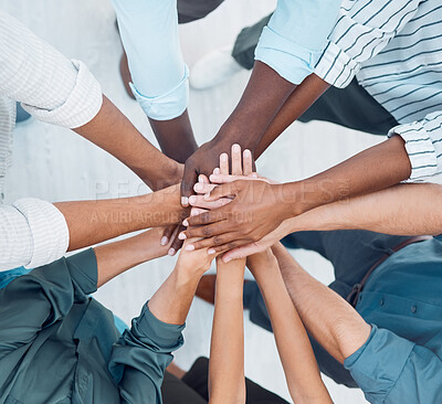 Buy stock photo Partnership hands, motivation and team building trust for success, deal and support goals together. Closeup group business people, teamwork and winner achievement celebration, mission and diversity 