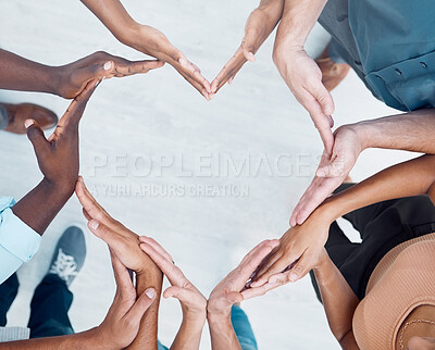 Buy stock photo Teamwork hands, heart and diversity partnership, business people support or community care, motivation and trust. Above group team building for charity, kindness and global solidarity, love and hope 