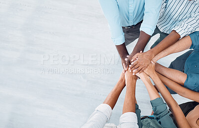 Buy stock photo Teamwork, motivation and diversity hands stacked with mock up corporate marketing or advertising space. Group support, community or staff team building for project goal, solidarity and collaboration