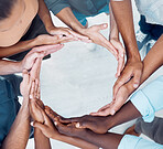 Teamwork, collaboration and circle of synergy hands, support and solidarity of trust, goals and team building mission. Above workflow group, diversity and network of community, connection and world 