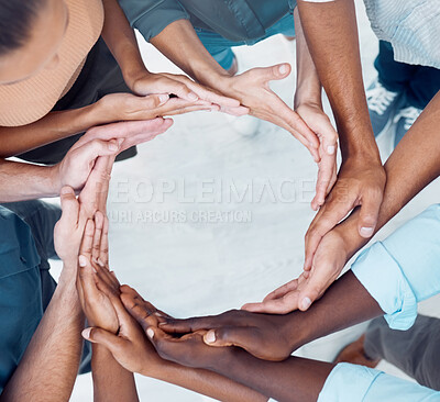 Buy stock photo Teamwork, collaboration and circle of synergy hands, support and solidarity of trust, goals and team building mission. Above workflow group, diversity and network of community, connection and world 