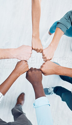 Buy stock photo Team building, fist and circle collaboration, motivation and community, mission goals and company success. Above business people, diversity hands and support, vision and global teamwork partnership
