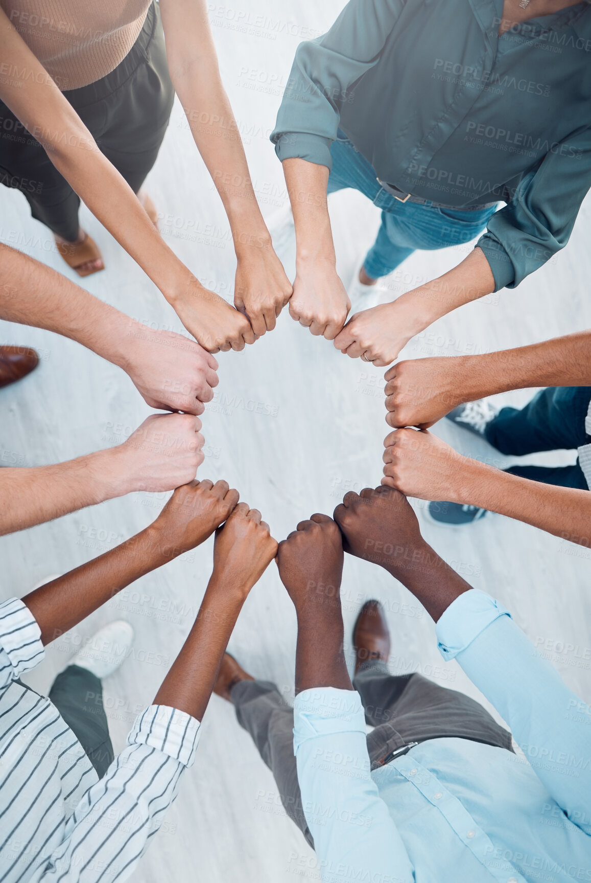 Buy stock photo Business people teamwork, fist bump and collaboration, cooperation and trust, goals and support. Above workers hands, diversity team building circle and commitment, vision and job mission of about us