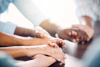 Buy stock photo Diversity, hand holding and support for trust, community and hope in unity or teamwork together indoors. Hands of people in collaboration, solidarity and faith for group meeting, therapy and care