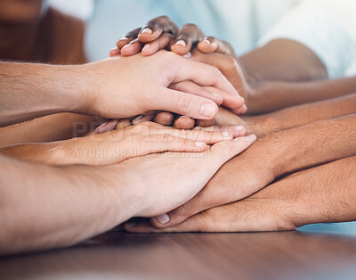 Buy stock photo Diversity, hands and care for love and support in community, team and solidarity for trust indoors. Hand of diverse group of people piling together in teamwork, growth and understanding for unity 