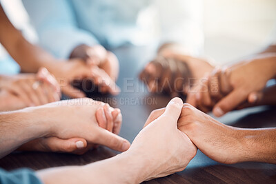Buy stock photo Mental health support, holding hands and group counseling, therapy meeting and psychology help, trust and worship. Men, women and diversity people prayer circle, community hope and social solidarity