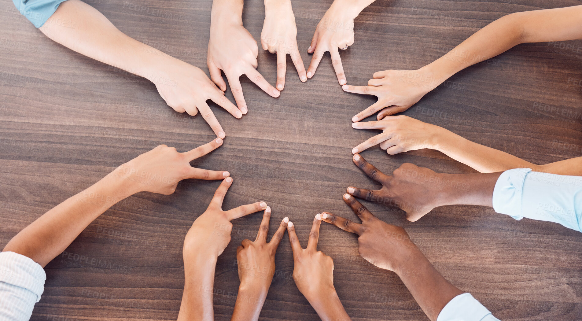Buy stock photo Team, diversity and peace hand sign, team building and community in business and corporate support with solidarity. Group collaboration, business people and trust, company show teamwork in workforce.