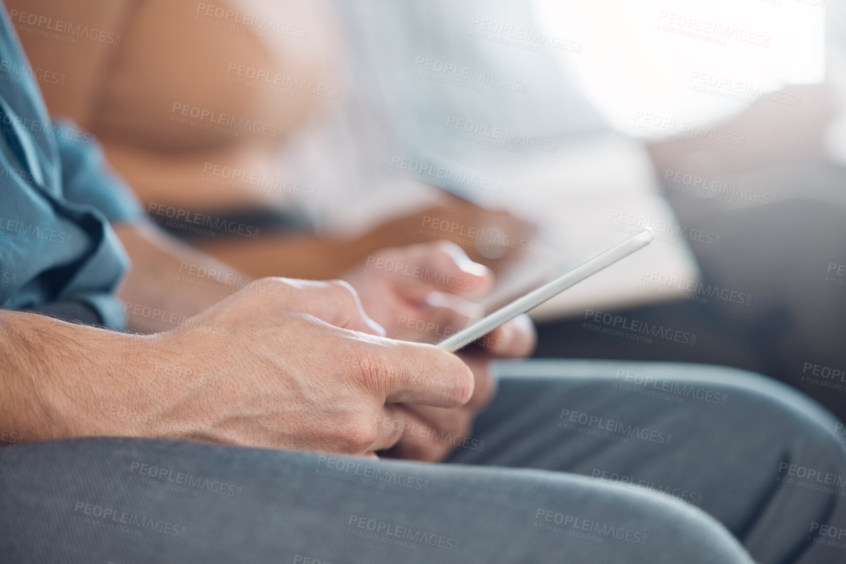 Buy stock photo Phone, technology and man hands of office worker with a mobile for a social media scroll or app text. 5g internet, web and businessman employee working on an online job typing a job email