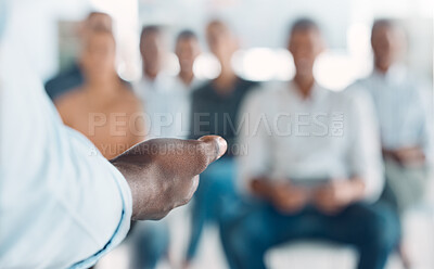 Buy stock photo Conference speaker hands, communication and presentation workshop, coaching seminar of audience training, leadership and discussion. Businessman presenter, trade show and speech to convention crowd