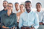 Business, meeting crowd and happy audience laugh in a corporate strategy workshop. Diversity of company team workers with happiness and teamwork presentation smile at a tradeshow seminar talk