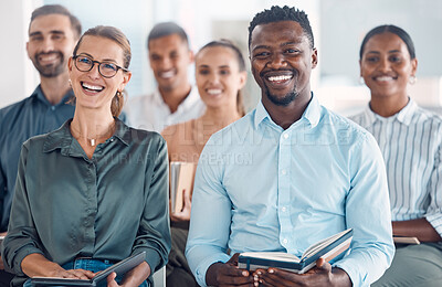 Buy stock photo Business, meeting crowd and happy audience laugh in a corporate strategy workshop. Diversity of company team workers with happiness and teamwork presentation smile at a tradeshow seminar talk