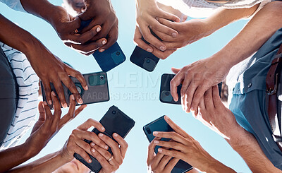 Buy stock photo Circle people, phone hands and social media mobile apps, wifi and digital iot connection on blue sky. Below group social networking, smartphone and 5g internet website for cloud computing technology 